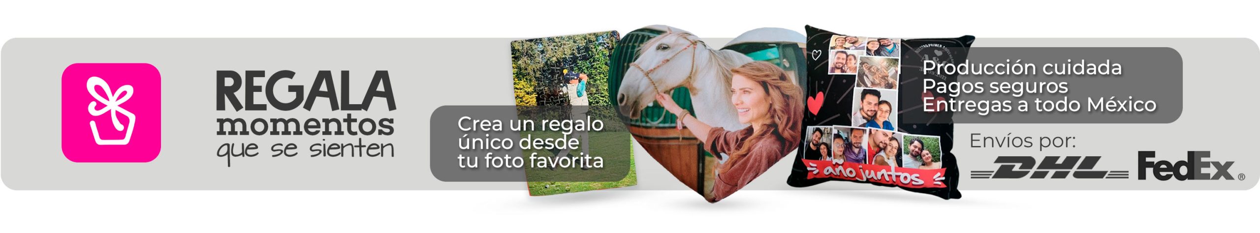 Regalos personalizados en México con fotos, rompecabezas y cojines personalizados, ideales como regalos originales para novio y pareja, banner de Pergamigos.